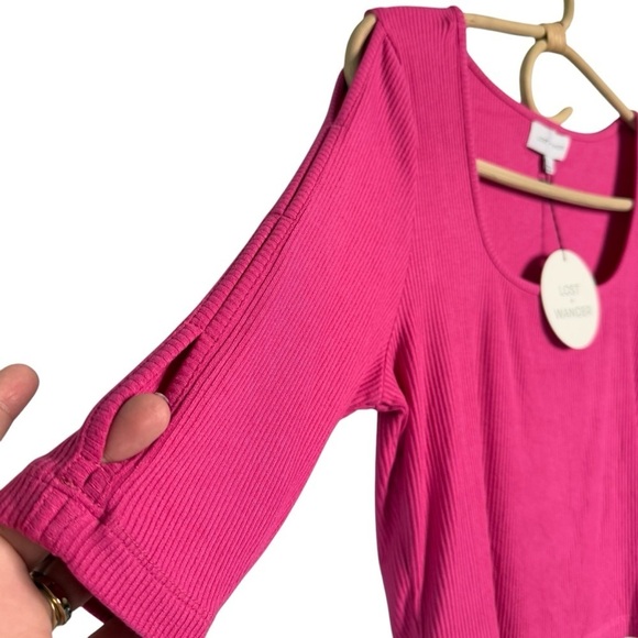 Lost + Wander Pink Cropped Ribbed Top with Cutout Elbow Length Sleeves NEW Large - Picture 4 of 11